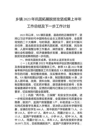乡镇2023年巩固拓展脱贫攻坚成果上半年工作总结及下一步工作计划