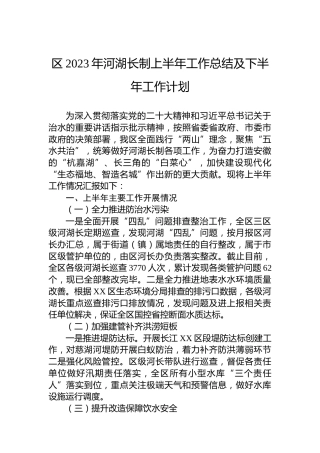 区2023年河湖长制上半年工作总结及下半年工作计划