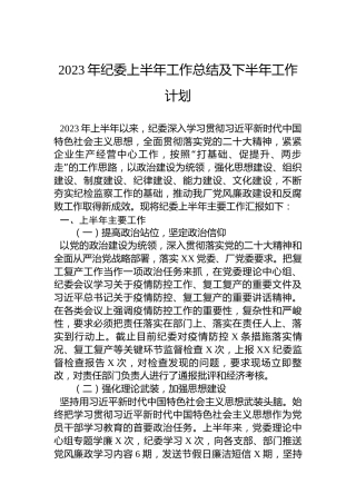 2023年纪委上半年工作总结及下半年工作计划