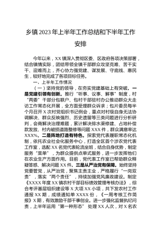 乡镇2023年上半年工作总结和下半年工作安排