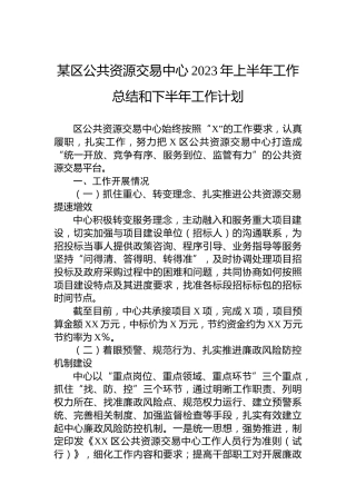 某区公共资源交易中心2023年上半年工作总结和下半年工作计划