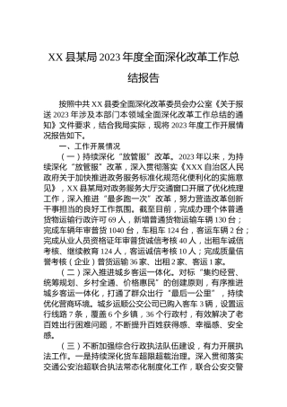 XX县某局2023年度全面深化改革工作总结报告