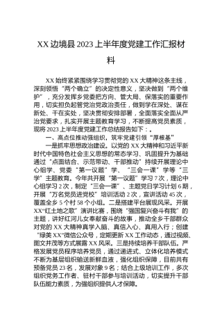 XX边境县2023上半年度党建工作汇报材料