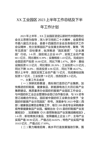 XX工业园区2023上半年工作总结及下半年工作计划