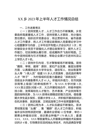 XX乡2023年上半年人才工作情况总结