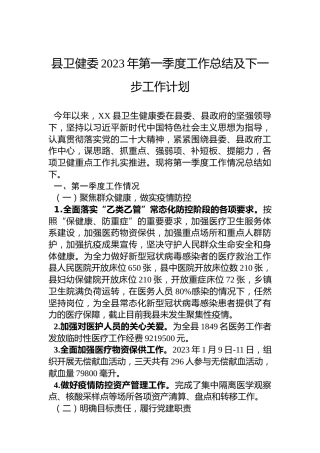 县卫健委2023年第一季度工作总结及下一步工作计划