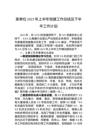 某单位2023年上半年党建工作总结及下半年工作计划