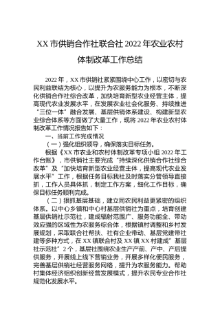 XX市供销合作社联合社2022年农业农村体制改革工作总结