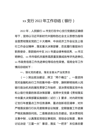 xx支行2022年工作总结（银行）
