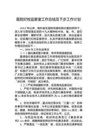 医院纪检监察室工作总结及下步工作计划