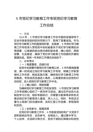 X市党纪学习教育工作专班党纪学习教育工作总结
