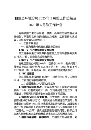 县生态环境分局2025年5月份工作总结及2025年6月份工作计划