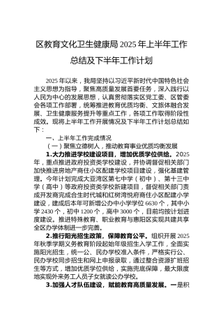 区教育文化卫生健康局2025年上半年工作总结及下半年工作计划