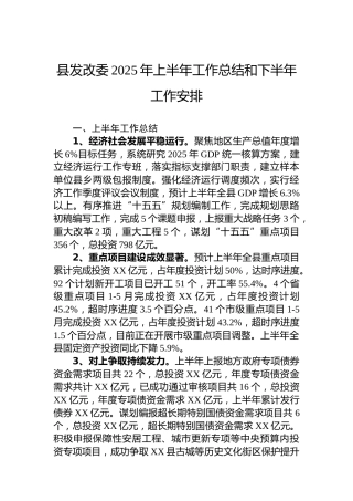 县发改委2025年上半年工作总结和下半年工作安排