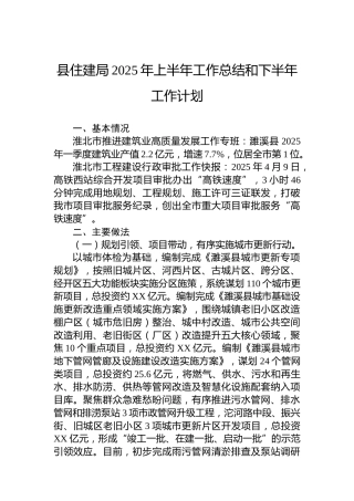 县住建局2025年上半年工作总结和下半年工作计划