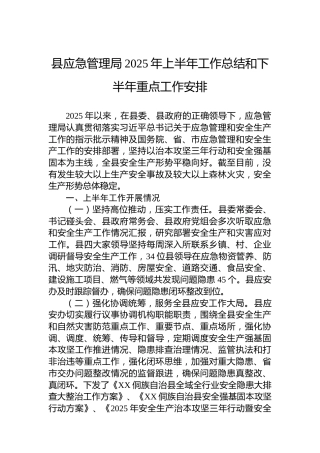 县应急管理局2025年上半年工作总结和下半年重点工作安排