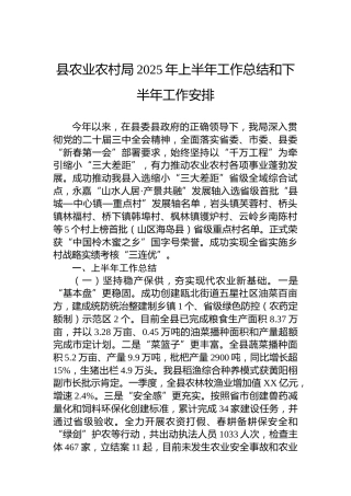 县农业农村局2025年上半年工作总结和下半年工作安排