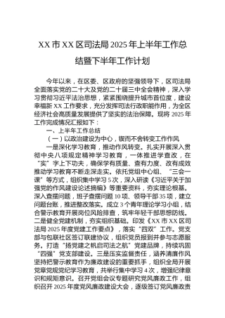 XX市XX区司法局2025年上半年工作总结暨下半年工作计划