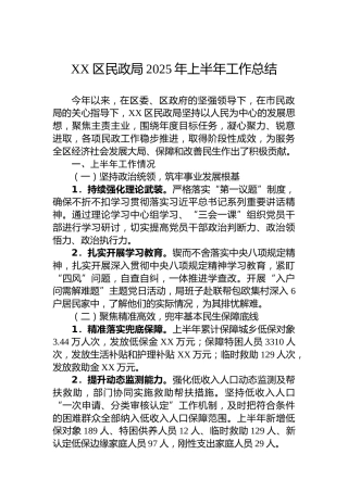 XX区民政局2025年上半年工作总结