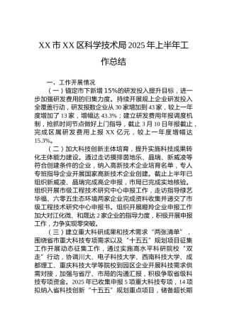 XX市XX区科学技术局2025年上半年工作总结