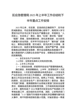 区应急管理局2025年上半年工作总结和下半年重点工作安排