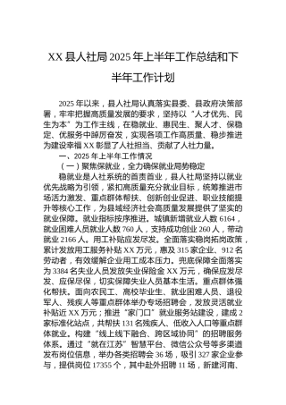 XX县人社局2025年上半年工作总结和下半年工作计划
