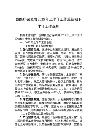 县医疗保障局2025年上半年工作总结和下半年工作谋划