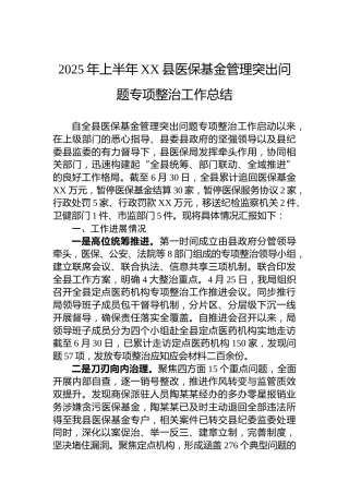 2025年上半年XX县医保基金管理突出问题专项整治工作总结