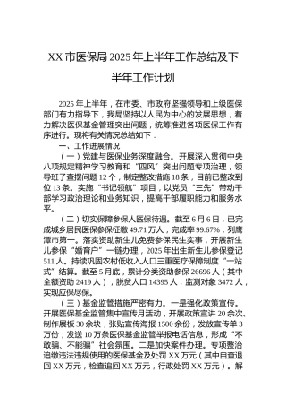 XX市医保局2025年上半年工作总结及下半年工作计划