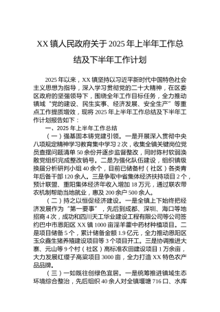 XX镇人民政府关于2025年上半年工作总结及下半年工作计划