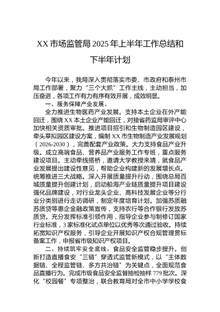 XX市场监管局2025年上半年工作总结和下半年计划
