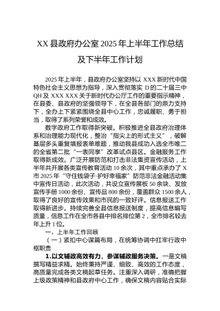 XX县政府办公室2025年上半年工作总结及下半年工作计划