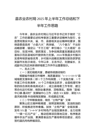 县农业农村局2025年上半年工作总结和下半年工作思路