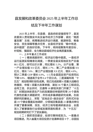 县发展和改革委员会2025年上半年工作总结及下半年工作谋划