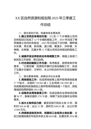 XX区自然资源和规划局2025年三季度工作总结