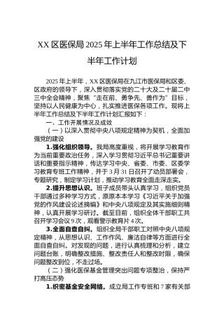 XX区医保局2025年上半年工作总结及下半年工作计划