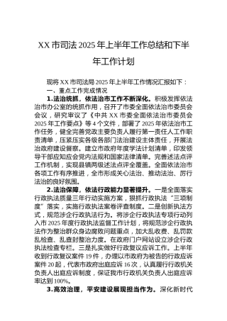 XX市司法2025年上半年工作总结和下半年工作计划