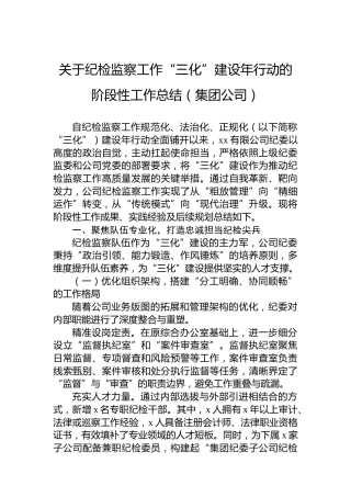 关于纪检监察工作“三化”建设年行动的阶段性工作总结（集团公司）