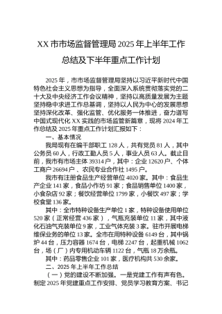 XX市市场监督管理局2025年上半年工作总结及下半年重点工作计划