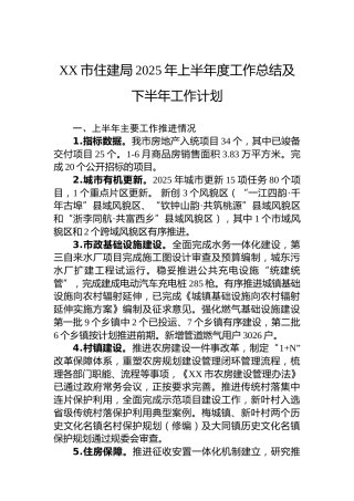 XX市住建局2025年上半年度工作总结及下半年工作计划