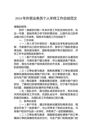 2024年外贸业务员个人年终工作总结范文
