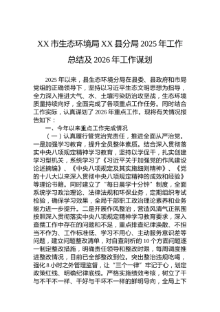 XX市生态环境局XX县分局2025年工作总结及2026年工作谋划