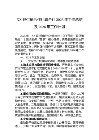 XX县供销合作社联合社2025年工作总结及2026年工作计划