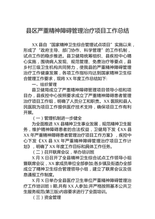县区严重精神障碍管理治疗项目工作总结