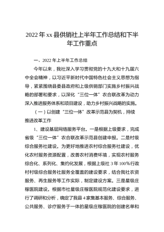 2022年xx县供销社上半年工作总结和下半年工作重点