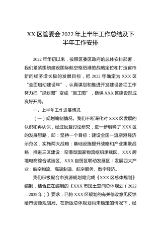 XX区管委会2022年上半年工作总结及下半年工作安排