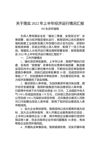 关于落实2022年上半年经济运行情况汇报