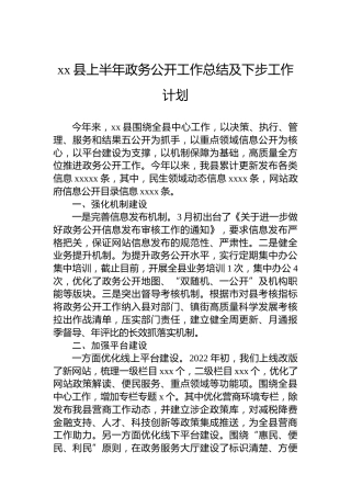 xx县上半年政务公开工作总结及下步工作计划