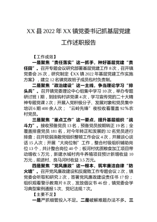 XX县2022年XX镇党委书记抓基层党建工作述职报告（20230130）