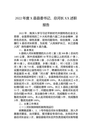 2022年度X县县委书记、总河长XX述职报告（20230128）